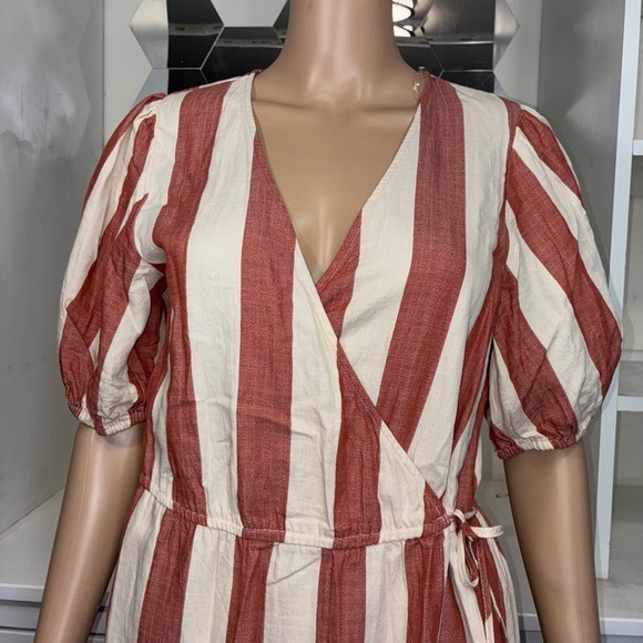 Knox Rose Striped Wrap Midi Dress Puff Sleeve Tiered Ruffle Waist Tie S - Picture 3 of 7